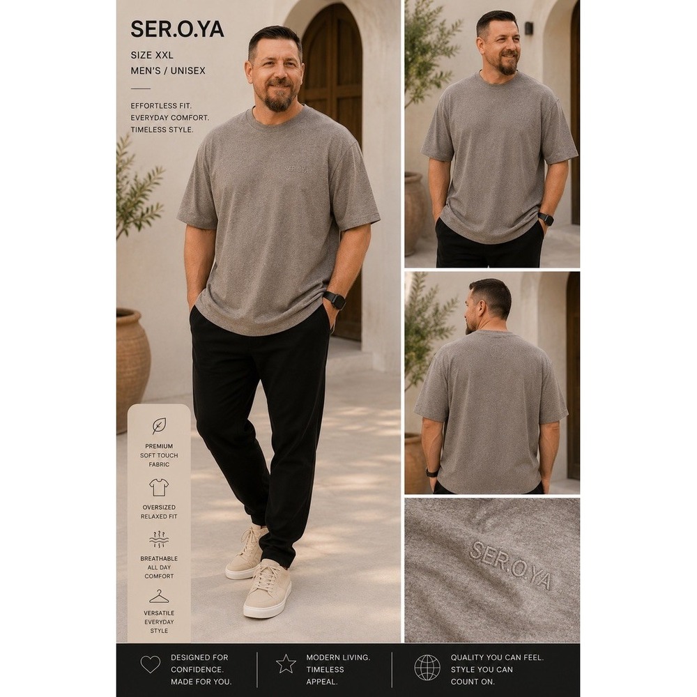 SER.O.YA Mens XL Heathered Tan Crew Neck Short Sleeve Logo T-Shirt Relaxed Fit
